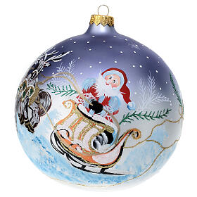 Baumschmuck aus mundgeblasenem Glas, Kugelform, Weihnachtsmann im Rentierschlitten, handbemalt, 150 mm
