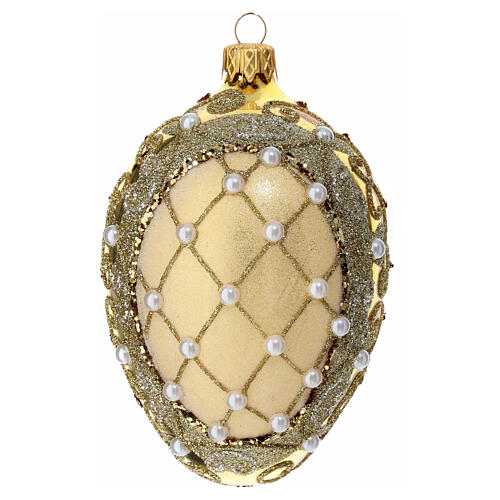 Golden pinecone-shaped Christmas ball with white beads and glitter, 80 mm, blown glass 1