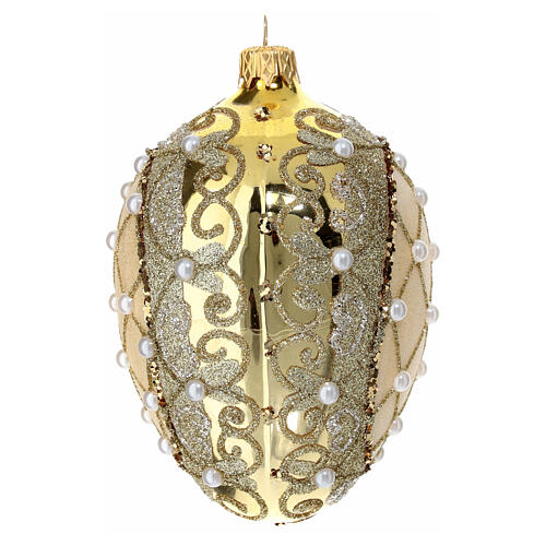 Golden pinecone-shaped Christmas ball with white beads and glitter, 80 mm, blown glass 2
