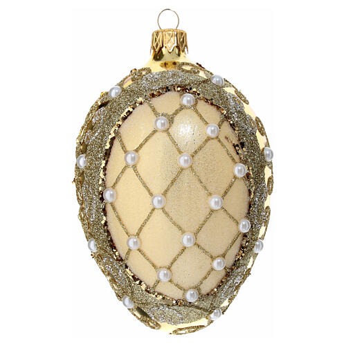 Golden pinecone-shaped Christmas ball with white beads and glitter, 80 mm, blown glass 3