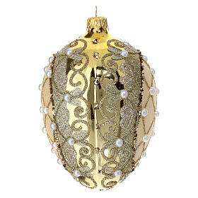 Golden oval Christmas bauble with pearls 80 mm in blown glass