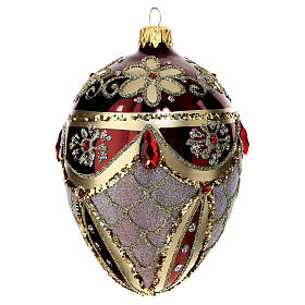 Burgundy pinecone-shaped Christmas ball with red rhinestones and golden glitter, 80 mm, blown glass