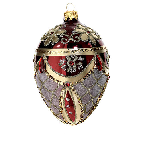 Burgundy pinecone-shaped Christmas ball with red rhinestones and golden glitter, 80 mm, blown glass 1