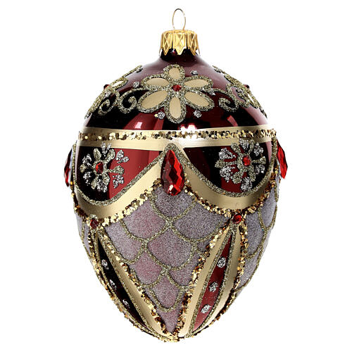 Burgundy pinecone-shaped Christmas ball with red rhinestones and golden glitter, 80 mm, blown glass 2