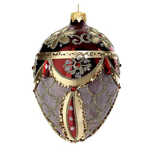 Burgundy pinecone-shaped Christmas ball with red rhinestones and golden glitter, 80 mm, blown glass 3
