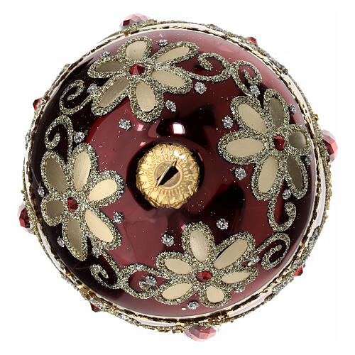 Burgundy pinecone-shaped Christmas ball with red rhinestones and golden glitter, 80 mm, blown glass 4