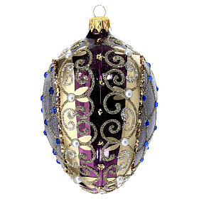 Purple pinecone-shaped Christmas ball with blue rhinestones and white beads, 80 mm, blown glass