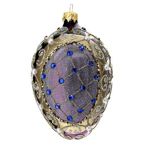 Purple pinecone-shaped Christmas ball with blue rhinestones and white beads, 80 mm, blown glass 1