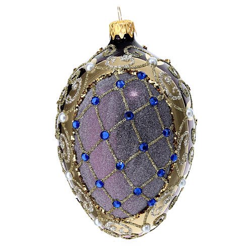 Purple pinecone-shaped Christmas ball with blue rhinestones and white beads, 80 mm, blown glass 3
