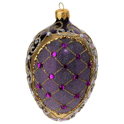 Purple pinecone-shaped Christmas ball with blue rhinestones and white beads, 80 mm, blown glass 1