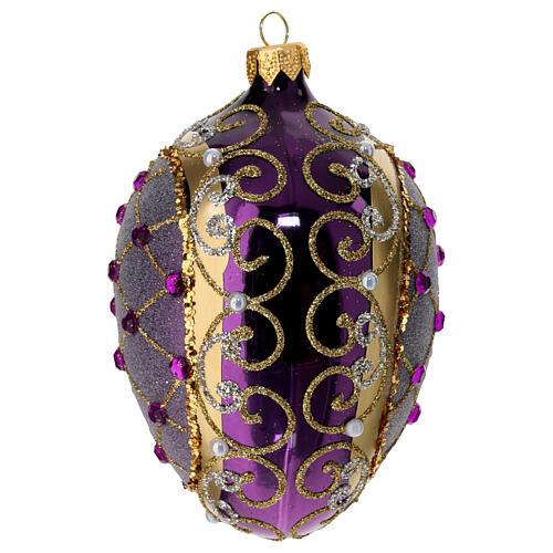 Purple pinecone-shaped Christmas ball with blue rhinestones and white beads, 80 mm, blown glass 2