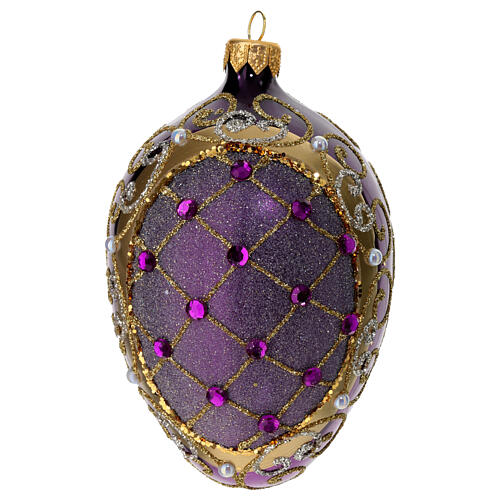 Purple pinecone-shaped Christmas ball with blue rhinestones and white beads, 80 mm, blown glass 3