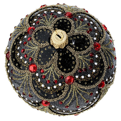 Baumschmuck aus mundgeblasenem Glas, Kugelform, Schwarz, mit reichen Verzierungen aus goldfarbenen Glitter und weißen/roten Schmucksteinen, 100 mm 3