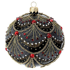 Pallina Natale nera vetro soffiato 100 mm strass rossi decorata a mano