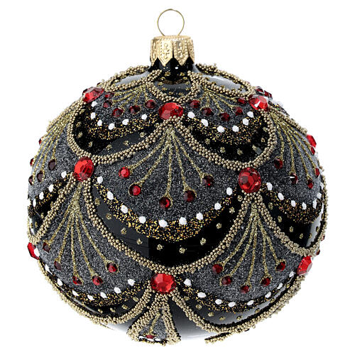 Pallina Natale nera vetro soffiato 100 mm strass rossi decorata a mano 1