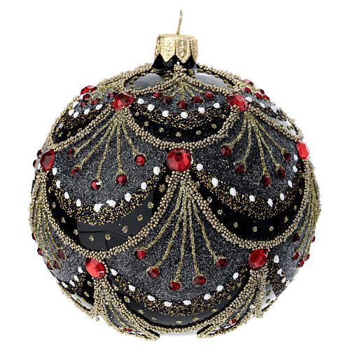 Bola Natal vidro soprado preto leques purpurina e strass vermelhos 100 mm 2