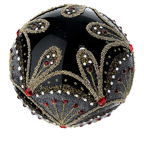 Bola Natal vidro soprado preto leques purpurina e strass vermelhos 100 mm 4