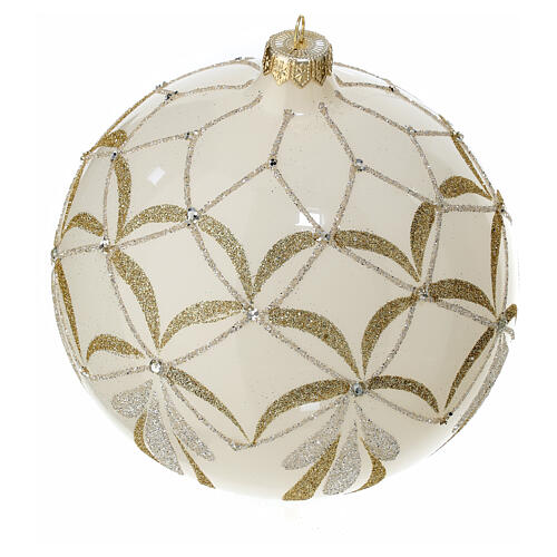 Baumschmuck aus mundgeblasenem Glas, Kugelform, Weiß, mit feinen Verzierungen aus gold- und silberfarbenen Glitter, transparente Schmucksteine, 150 mm 3