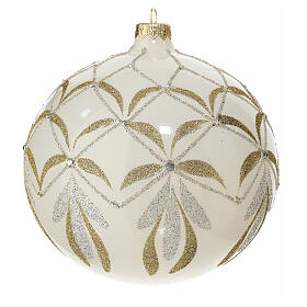 White Christmas ball with golden and silver glittery pattern, 150 mm, blown glass