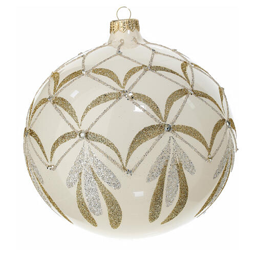 White Christmas ball with golden and silver glittery pattern, 150 mm, blown glass 1