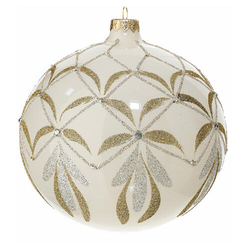 White Christmas ball with golden and silver glittery pattern, 150 mm, blown glass 2