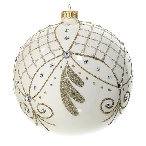 Polished whit Christmas ball with glittery mesh, 150 mm, blown glass 1