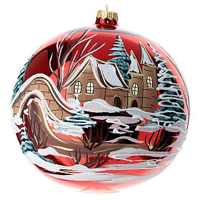 Baumschmuck aus mundgeblasenem Glas, Kugelform, Rot, Dorf in Winterlandschaft, handbemalt, 200 mm