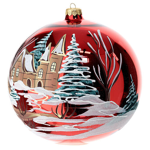 Baumschmuck aus mundgeblasenem Glas, Kugelform, Rot, Dorf in Winterlandschaft, handbemalt, 200 mm 3