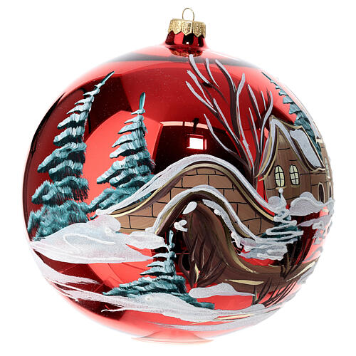 Baumschmuck aus mundgeblasenem Glas, Kugelform, Rot, Dorf in Winterlandschaft, handbemalt, 200 mm 4