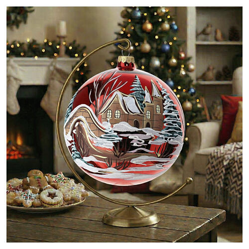 Red Christmas bauble 200 mm snowy village blown glass 2