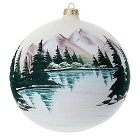 White Christmas ball, 200 mm, snowy mountain lake, blown glass