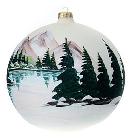 White Christmas ball, 200 mm, snowy mountain lake, blown glass