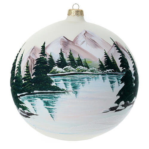 Boule de Noël blanche 200 mm paysage lac de montagne enneigé verre soufflé 1