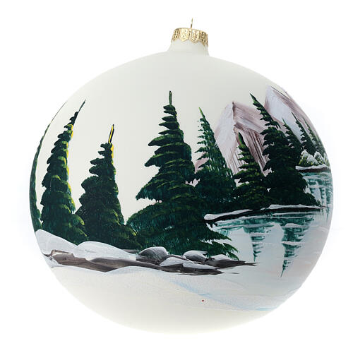 Boule de Noël blanche 200 mm paysage lac de montagne enneigé verre soufflé 3