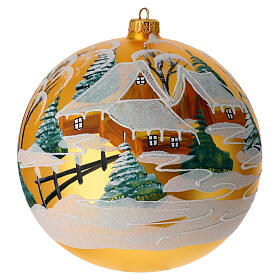 Matte golden Christmas ball, 200 mm, snowy landscape, blown glass