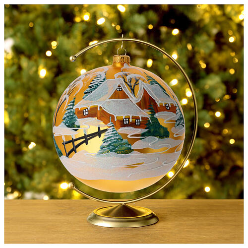 Matte golden Christmas ball, 200 mm, snowy landscape, blown glass 2