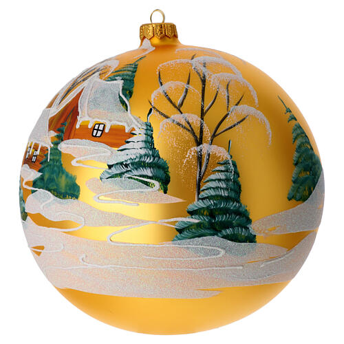 Matte golden Christmas ball, 200 mm, snowy landscape, blown glass 3