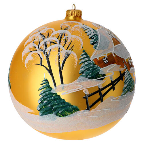 Matte golden Christmas ball, 200 mm, snowy landscape, blown glass 4