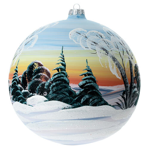Baumschmuck aus mundgeblasenem Glas, Kugelform, schneebedeckte Landschaft im Abendrot, handbemalt, 200 mm 4