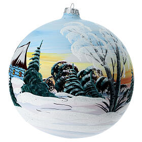 Christmas ball, 200 mm, snowy landscape at dawn, blown glass