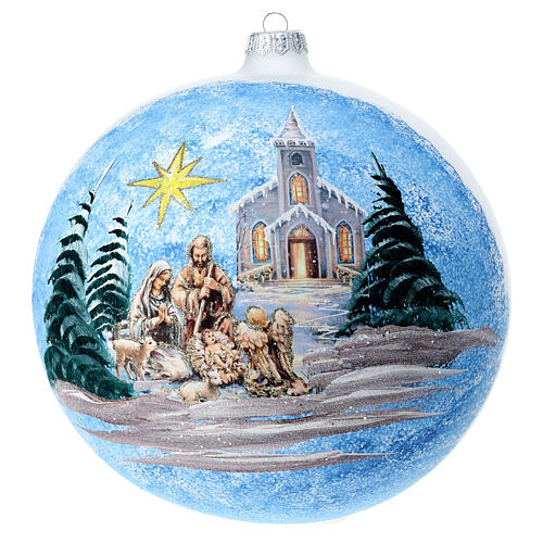 Matte white Christmas ball, 200 mm, snowy landscape with Nativity Scene, blown glass 1