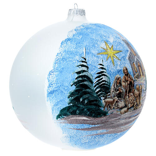 Matte white Christmas ball, 200 mm, snowy landscape with Nativity Scene, blown glass 3