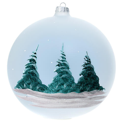 Matte white Christmas ball, 200 mm, snowy landscape with Nativity Scene, blown glass 4