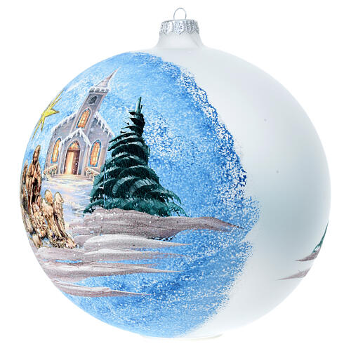 Matte white Christmas ball, 200 mm, snowy landscape with Nativity Scene, blown glass 3