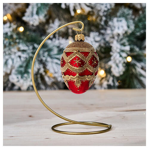 Blown glass Christmas sball, red with golden pattern, 50 mm 2