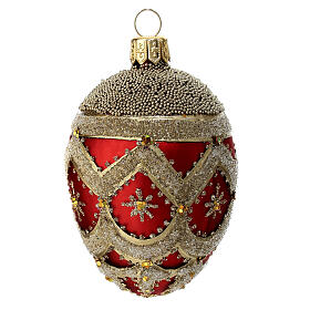 Boule de Noël ovale verre soufflé rouge or décorée main 50 mm