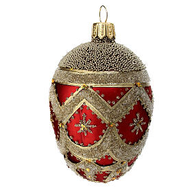 Bola de Natal oval vermelha 50 mm purpurina ouro vidro soprado