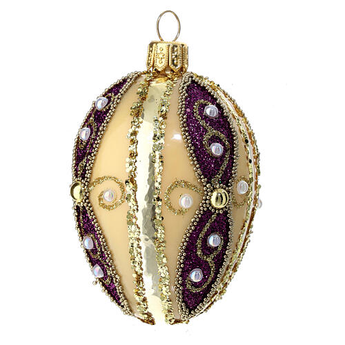 Pallina Natale uovo oro oro viola decorata vetro soffiato glitter 50 mm 2