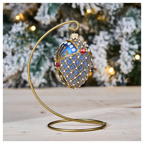 Bola Navidad huevo decorado azul oro cuentas strass vidrio soplado 50 mm 2