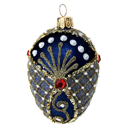 Bola Navidad huevo decorado azul oro cuentas strass vidrio soplado 50 mm 4